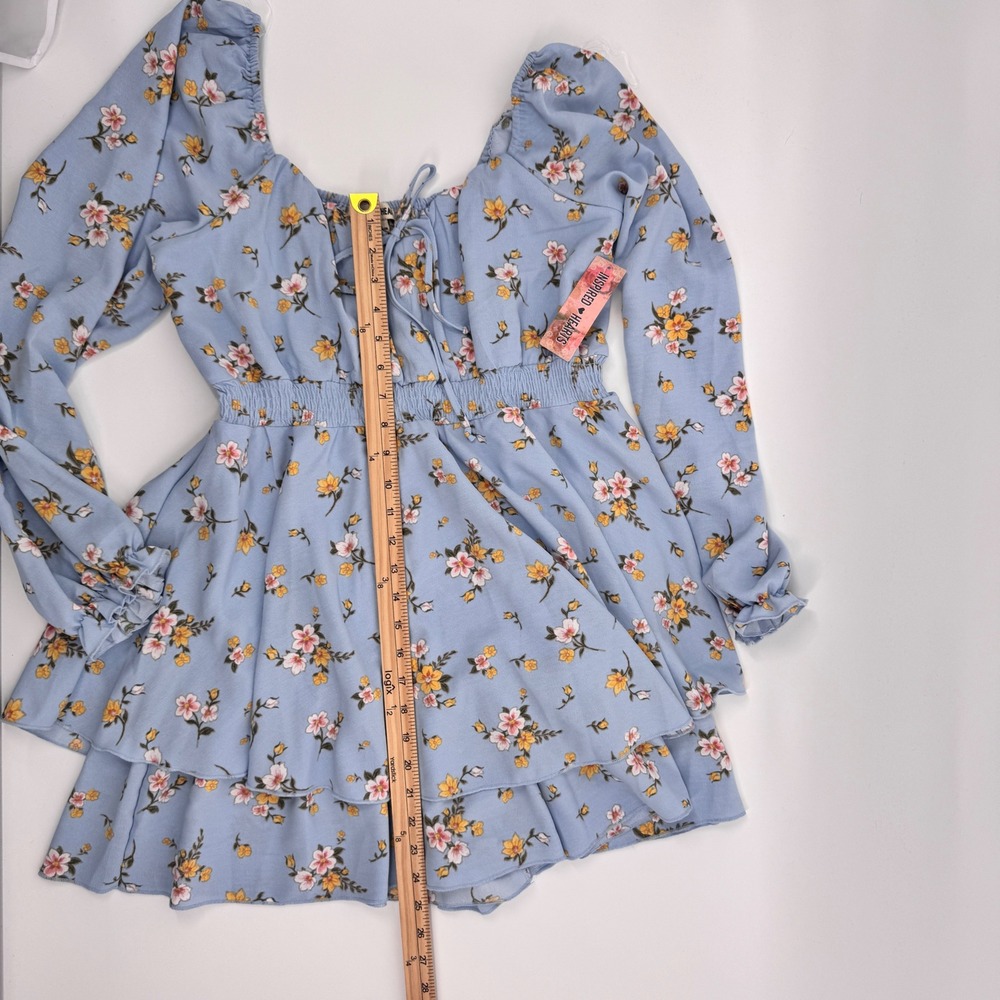 Inspired Hearts Blue Floral Long Sleeve Romper Dress Smocked Tie Women's Size L - Picture 6 of 11